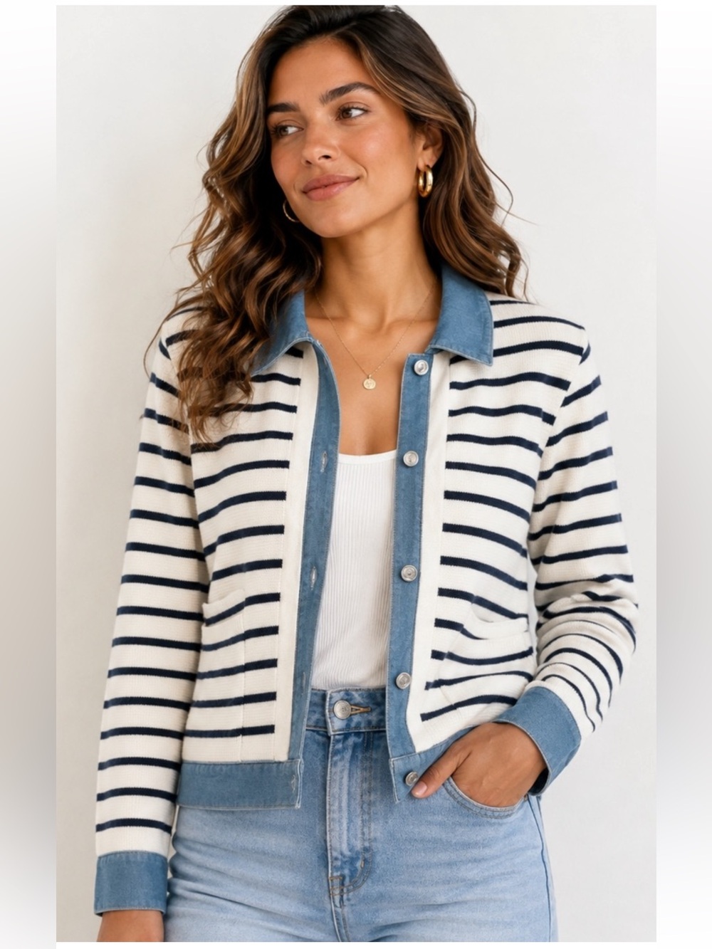 Striped White and Black Knit Cardigan with Denim-Look Button Placket -Cruisewear
